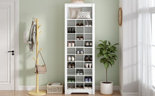 ON-TREND Stylish Design 30 Shoe Cubby Console, Contemporary Shoe Cabinet with Multiple Storage Capacity, Free Standing Tall Cabinet with Versatile Use for Hallway,  Bedroom, White