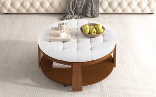 Modern Large Round Ottoman Coffee Table 2-Tier Oversized Button Tufted Ottoman with Wood Shelf Storage Upholstered Coffee Table for Living Room Footrest Ottoman with wheel, waterproof Linen