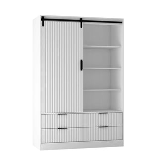 Tall Bedroom Armoire Wardrobe Closet Clothing Storage Cabinet with Hanging Rod Barn Door Drawers Open Shelves,White