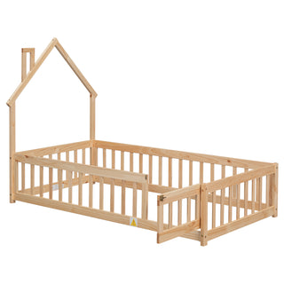 Twin House-Shaped Headboard Floor Bed with Fence – Natural Wooden Bed Frame