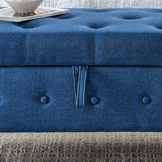 62" Bedroom Tufted Button Storage Bench, Modern Fabric Upholstered Ottoman, Window Bench, Rolled Arm Design for Bedroom, Living Room, Foyer (Blue)