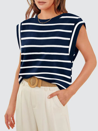 Striped Round Neck Cap Sleeve T-Shirt for Women