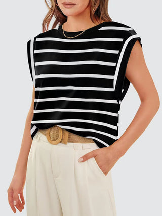 Striped Round Neck Cap Sleeve T-Shirt for Women