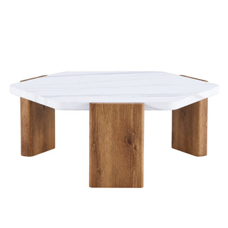 Modern MDF Coffee Table with White Top and Wood Texture MDF Legs, Hexagonal Design for Living Room and Guest Room