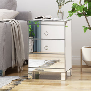 Mirrored Nightstand with 3 Drawers, Silver Side End Table, Mirrored Furniture for Small Space, Bedroom and Living Room, 15.8 Inch x 13.8 Inch x 24 Inch