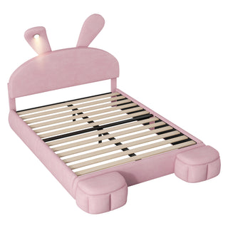 Full Size Upholstered Platform Bed with Cartoon Ears Shaped Headboard and Light, Pink