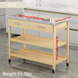 Stainless Steel Countertop Solid Wood Kitchen Cart with Storage Drawers and Shelves – Rotatable Kitchen Island with Steel Table Top and Tower Rack, Rolling Utility Trolley Cart for Kitchen and Dining