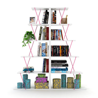 Furnish Home Store Modern 5 Tier Ladder Bookshelf Organizers, Narrow Bookshelf for Small Spaces Office Furniture Bookcase ,White/Pink