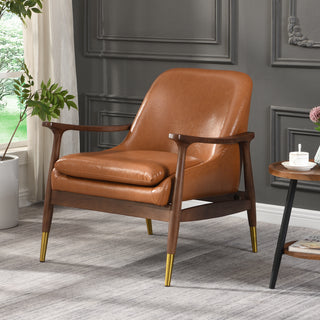 29.2'' Mid-Century Faux Leather Accent Chair with Cushioned Seat, Solid Wood Frame, and Brass-Tipped Legs – Ideal for Living Room, Bedroom, or Office Lounge