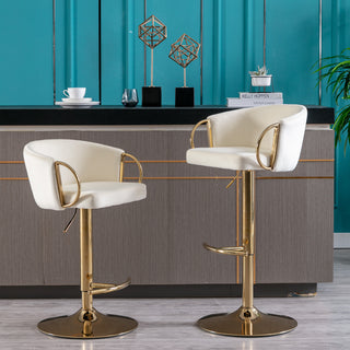 Set of 2 luxurious Ivory Velvet Bar Stools with Gold Legs, Chrome Footrest, Swivel & Adjustable Height