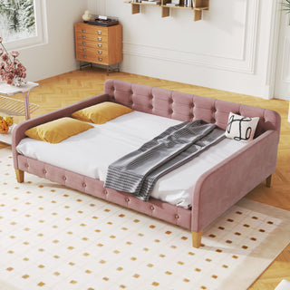 Full Size Upholstered Daybed with 4 Support Legs, Pink