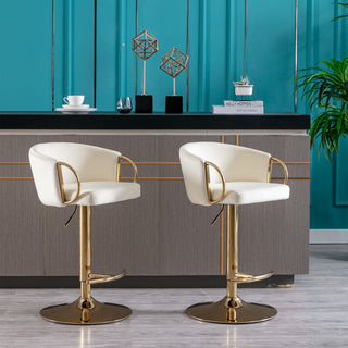 Set of 2 luxurious Ivory Velvet Bar Stools with Gold Legs, Chrome Footrest, Swivel & Adjustable Height