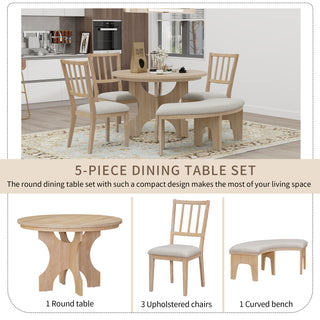 TREXM 5-Piece Dining Table Set, 44" Round Dining Table with Curved Bench & Side Chairs for 4-5 People for Dining Room and Kitchen (Natural Wood Wash)