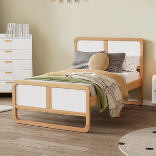 Modern Style Twin Size Solid Wood Platform Bed for Kids, Teens, Adults, No Box Spring Needed, Walnut and White