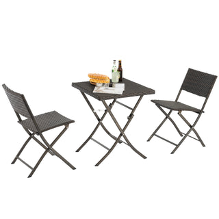 3-Piece Foldable Rattan Patio Bistro Set – Table & 2 Chairs, All-Weather Outdoor Furniture for Garden, Pool, Balcony