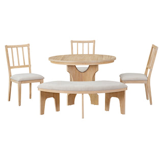 TREXM 5-Piece Dining Table Set, 44" Round Dining Table with Curved Bench & Side Chairs for 4-5 People for Dining Room and Kitchen (Natural Wood Wash)