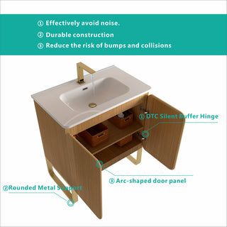 U093-Dalia30F-107 30" Light Wood Bathroom Vanity with Ceramic Sink – Freestanding & Wall Mounted, Large Storage, 2 Doors, Metal Support