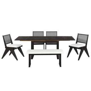 TOPMAX Modern 6-Piece 82.7-Inch Extendable Dining Table Set – Includes 4 Wicker Back Upholstered Dining Chairs, Long Bench, Two 11.8-Inch Removable Leaves, Espresso Finish