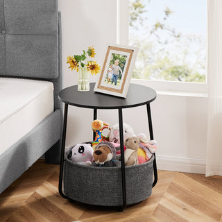 Modern Round Side Table with Fabric Basket, Black & Grey Steel Frame - Perfect for Living Room or Bedroom