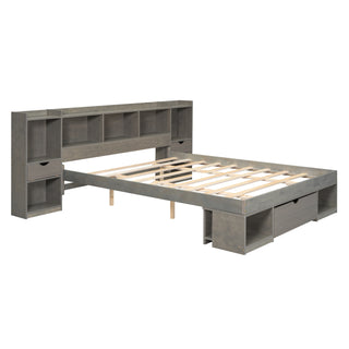 Queen Size Wood Platform Bed with Multi-storage Headboard and a Drawer, Gray