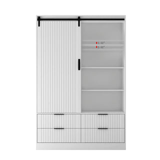 Tall Bedroom Armoire Wardrobe Closet Clothing Storage Cabinet with Hanging Rod Barn Door Drawers Open Shelves,White