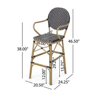 Outdoor Wicker and Aluminum 29.5' French Barstools, Set of 2, Black, Bamboo Print Finish