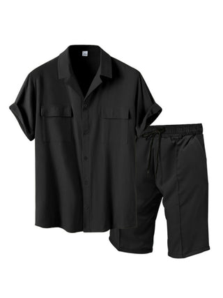 New men's new lapel casual shirt shorts two-piece set