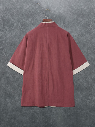 Men's casual solid color disc button casual linen T-shirt