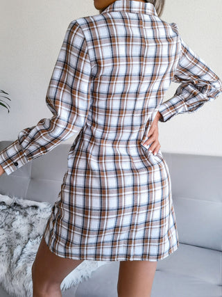 Women's long sleeve casual Plaid tie cotton linen shirt skirt