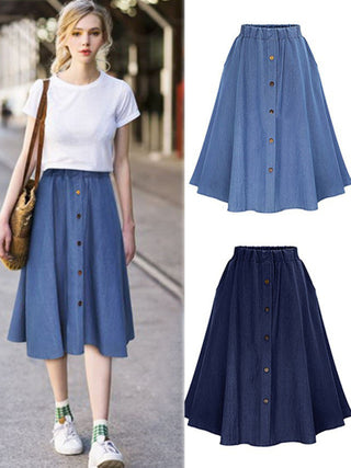 Women's High Waist Solid Color Mid Length Denim Skirt