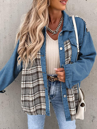 Denim Jacket Long Sleeve Check Button Down Shirt Jacket Top