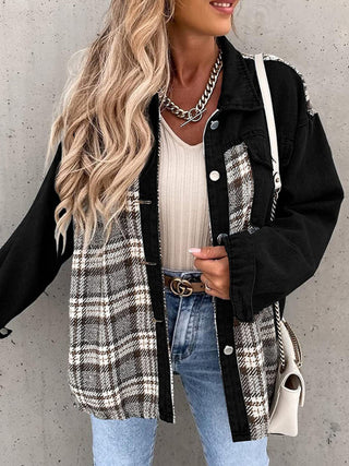 Denim Jacket Long Sleeve Check Button Down Shirt Jacket Top