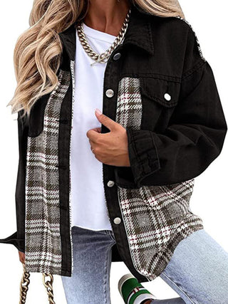 Denim Jacket Long Sleeve Check Button Down Shirt Jacket Top