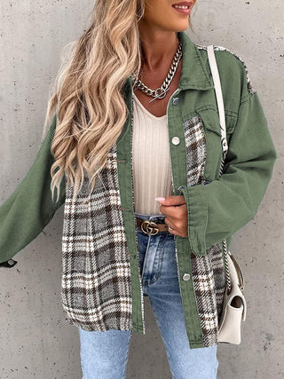 Denim Jacket Long Sleeve Check Button Down Shirt Jacket Top