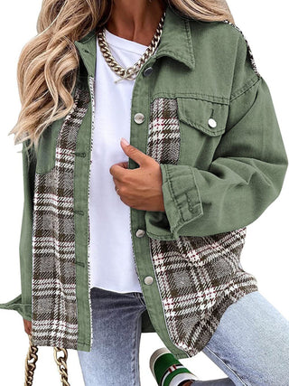 Denim Jacket Long Sleeve Check Button Down Shirt Jacket Top