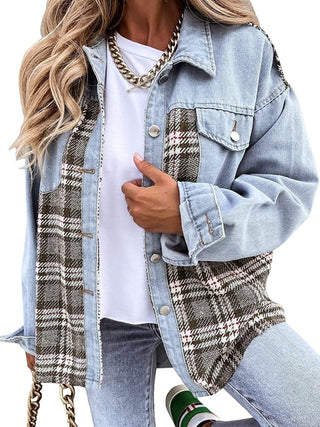 Denim Jacket Long Sleeve Check Button Down Shirt Jacket Top