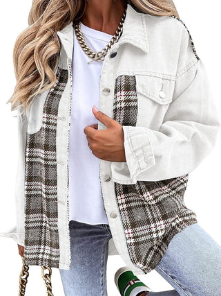 Denim Jacket Long Sleeve Check Button Down Shirt Jacket Top