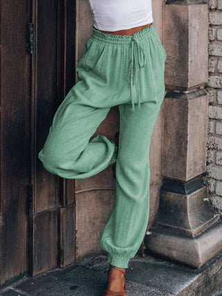 Bloomers Solid Color Cotton Linen Pants Ladies Pocket Drawstring Casual Pants