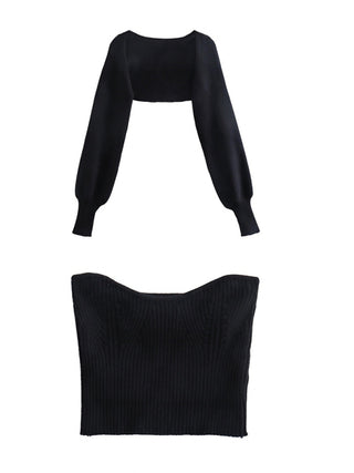 New Knitted Sleeves Slim Tube Top Two-piece Set for Women