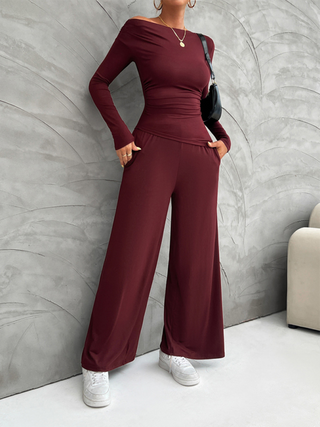 Women's Y2K Slim Fit Long Sleeve Top Wide Leg Pants Set