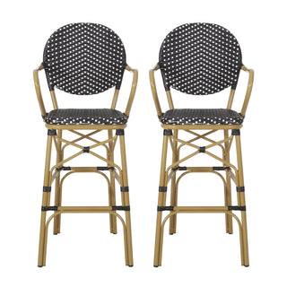 Outdoor Wicker and Aluminum 29.5' French Barstools, Set of 2, Black, Bamboo Print Finish