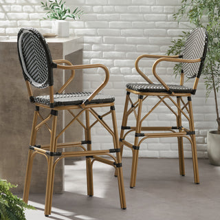 Outdoor Wicker and Aluminum 29.5' French Barstools, Set of 2, Black, Bamboo Print Finish