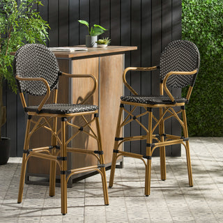 Outdoor Wicker and Aluminum 29.5' French Barstools, Set of 2, Black, Bamboo Print Finish