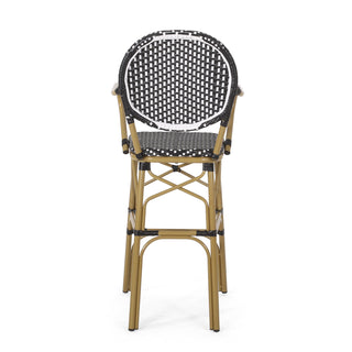 Outdoor Wicker and Aluminum 29.5' French Barstools, Set of 2, Black, Bamboo Print Finish