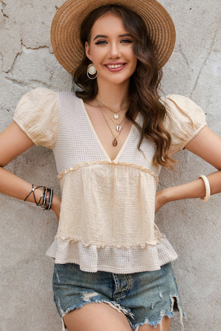 Deep V Frill Trim Babydoll Blouse