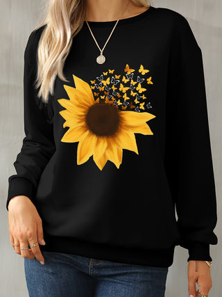 Sunflower Round Neck Dropped Shoulder Sweatshirt for Women