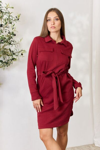 Culture Code Full Size Tie Front Half Zip Long Sleeve Shirt Dress for Women