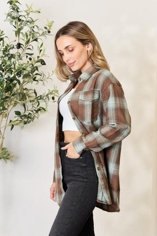 Double Take Plaid Dropped Shoulder Shirt for Women