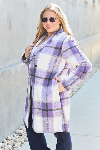 Double Take Full Size Plaid Button Up Lapel Collar Coat for Women