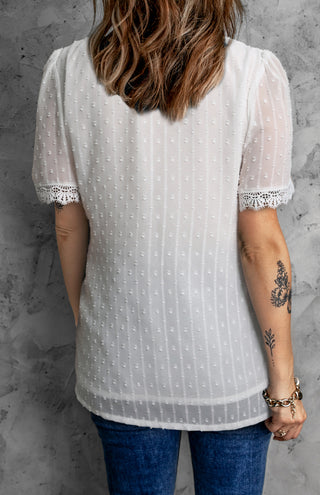 Women's Lace Splicing V-Neck Swiss Dot Short Sleeve Top